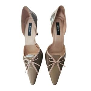 DKNY Womens Size 8 Leather D'Orsay Pumps Pointed Toe Bow Taupe Olive Pink Spain